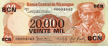 Anverso del billete <span>Billete Desmonetizado de 20,000 Córdobas</span>
