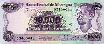 Anverso del billete <span>Billete Desmonetizado de 50,000 Córdobas</span>
