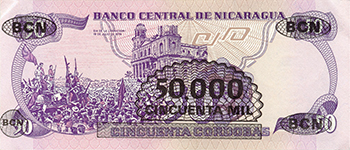 Reverso del billete <span>Billete Desmonetizado de 50,000 Córdobas</span>
