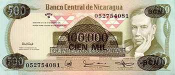 Anverso del billete <span>Billete Desmonetizado de 100,000 Córdobas</span>
