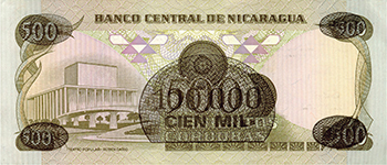 Reverso del billete <span>Billete Desmonetizado de 100,000 Córdobas</span>
