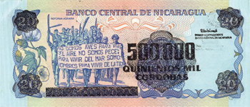 Reverso del billete <span>Billete Desmonetizado de 500,000 Córdobas</span>
