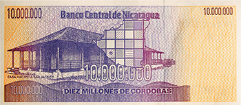 Reverso del billete <span>Billete Desmonetizado de 10,000,000 Córdobas</span>
