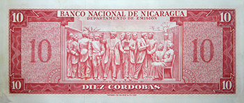 Reverso del billete <span>Billete Espécimen Desmonetizado de 10 Córdobas</span>
