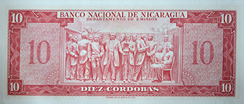 Reverso del billete <span>Billete Espécimen Desmonetizado de 10 Córdobas</span>

