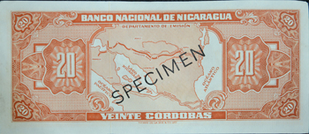 Reverso del billete <span>Billete Espécimen Desmonetizado de 20 Córdobas</span>
