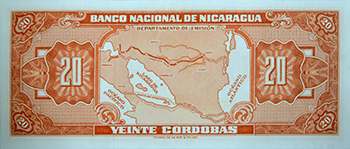 Reverso del billete <span>Billete Espécimen Desmonetizado de 20 Córdobas</span>
