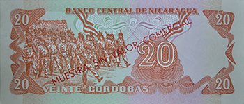 Reverso del billete <span>Billete Espécimen Desmonetizado de 20 Córdobas</span>
