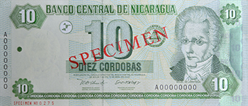 Anverso del billete <span>Billete Espécimen Circulación de 10 córdobas</span>
