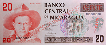 Anverso del billete <span>Billete Espécimen Circulación de 20 Córdobas</span>
