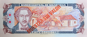 Reverso del billete <span>Billete Espécimen Circulación de 20 Córdobas</span>
