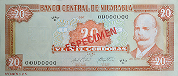 Anverso del billete <span>Billete Espécimen Circulación de 20 Córdobas</span>
