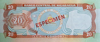 Reverso del billete <span>Billete Espécimen Circulación de 20 Córdobas</span>
