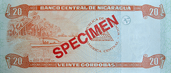 Reverso del billete <span>Billete Espécimen Circulación de 20 Córdobas</span>
