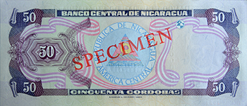 Reverso del billete <span>Billete Espécimen Circulación de 50 Córdobas</span>
