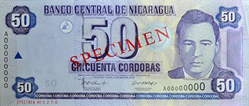 Anverso del billete <span>Billete Espécimen Circulación de 50 Córdobas</span>
