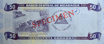 Reverso del billete <span>Billete Espécimen Circulación de 50 Córdobas</span>

