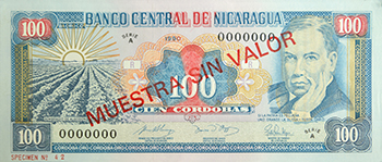 Anverso del billete <span>Billete Espécimen Circulación de 100 Córdobas</span>
