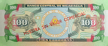 Reverso del billete <span>Billete Espécimen Circulación de 100 Córdobas</span>
