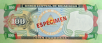 Reverso del billete <span>Billete Espécimen Circulación de 100 Córdobas</span>
