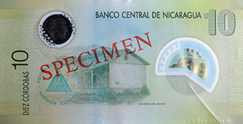 Reverso del billete <span>Billete Espécimen Circulación de 10 Córdobas</span>
