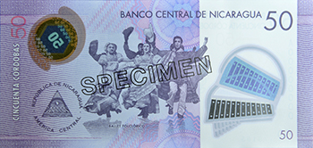 Reverso del billete <span>Billete Espécimen Circulación de 50 Córdobas</span>
