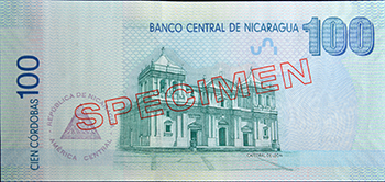 Reverso del billete <span>Billete Espécimen Circulación de 100 Córdobas</span>
