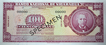 Anverso del billete <span>Billete Espécimen Desmonetizado de 100 Córdobas</span>
