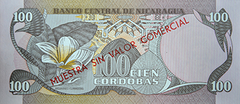 Reverso del billete <span>Billete Espécimen Desmonetizado de 100 Córdobas</span>
