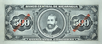 Reverso del billete <span>Billete Espécimen Desmonetizado de 500 Córdobas</span>

