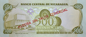 Reverso del billete <span>Billete Espécimen Desmonetizado de 500 Córdobas</span>
