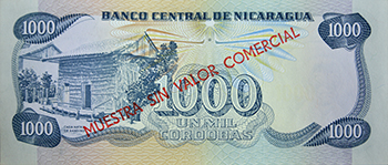 Reverso del billete <span>Billete Espécimen Desmonetizado de 1,000 Córdobas</span>
