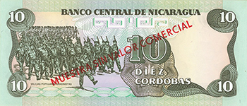 Reverso del billete <span>Billete Espécimen Desmonetizado de 10 Córdobas</span>
