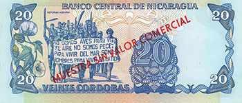 Reverso del billete <span>Billete Espécimen Desmonetizado de 20 Córdobas</span>

