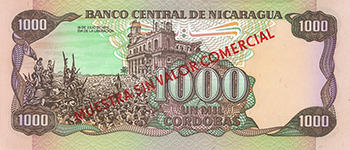 Reverso del billete <span>Billete Espécimen Desmonetizado de 1,000 Córdobas</span>
