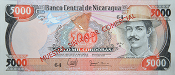Anverso del billete <span>Billete Espécimen Desmonetizado de 5,000 Córdobas</span>
