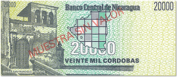Reverso del billete <span>Billete Espécimen Desmonetizado de 20,000 Córdobas</span>
