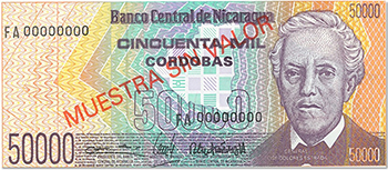 Anverso del billete <span>Billete Espécimen Desmonetizado de 50,000 Córdobas</span>
