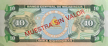 Reverso del billete <span>Billete Espécimen Circulación de 10 córdobas</span>
