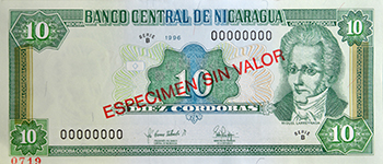 Anverso del billete <span>Billete Espécimen Circulación de 10 córdobas</span>
