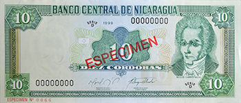 Anverso del billete <span>Billete Espécimen Circulación de 10 córdobas</span>
