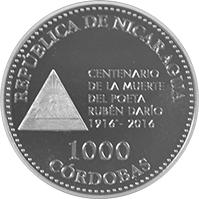 Reverso de la moneda Centenario de la Muerte del Poeta Rubén Darío